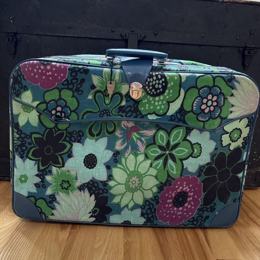 Vintage 1960s Floral Bantam Suitcases Blue Green Purple Canvas w/ Orig Key